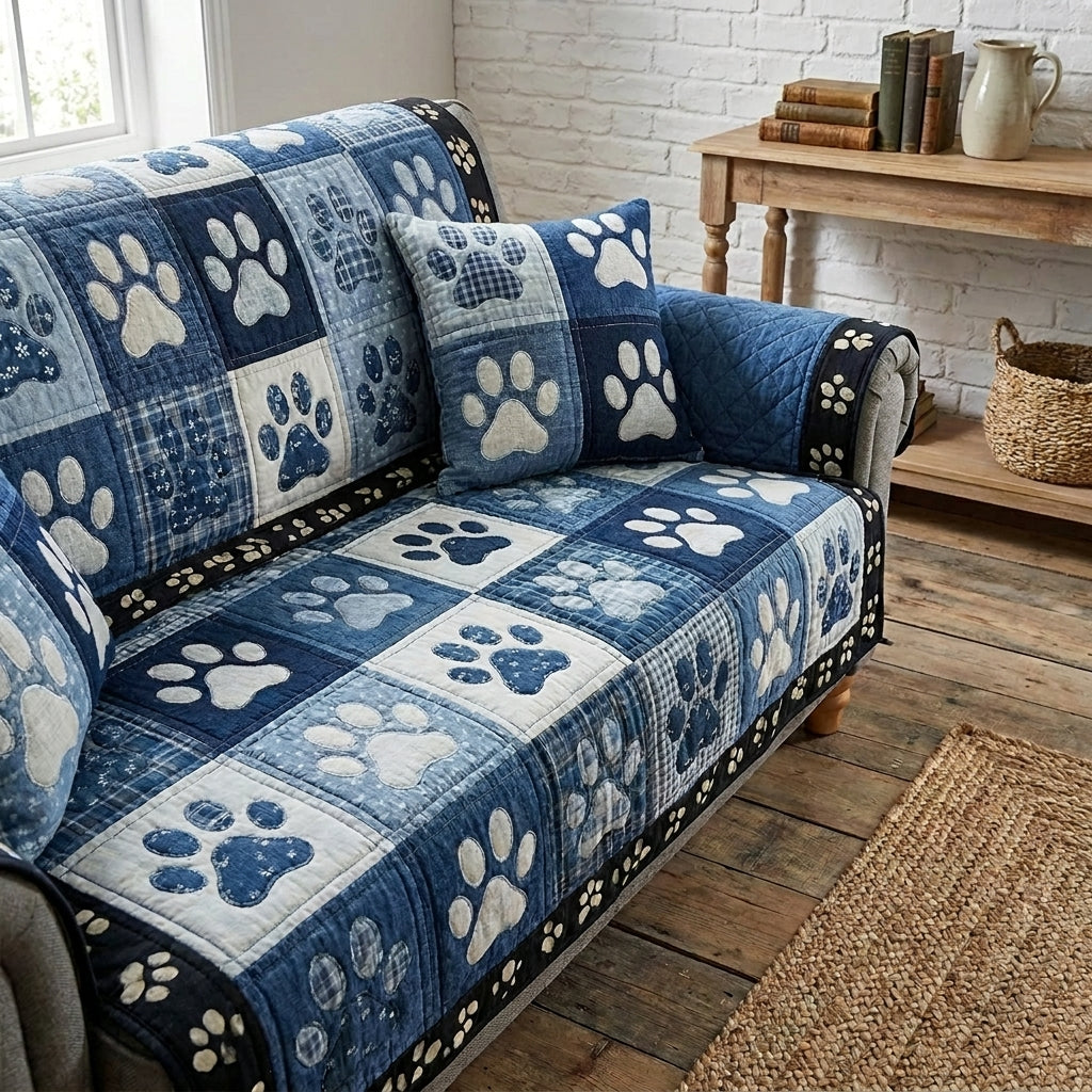 Blue quilted sofa cover with paw print patchwork panels