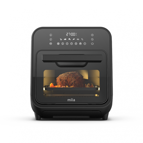 Black 15 litre steam air fryer with digital controls and viewing window