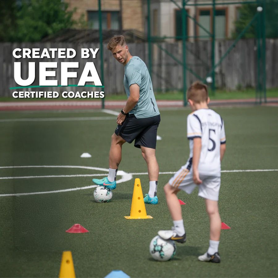 Black football training mat with turquoise arrows and numbered footwork positions