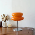 Dimmable table lamp with rounded double shade, chrome stem and circular base