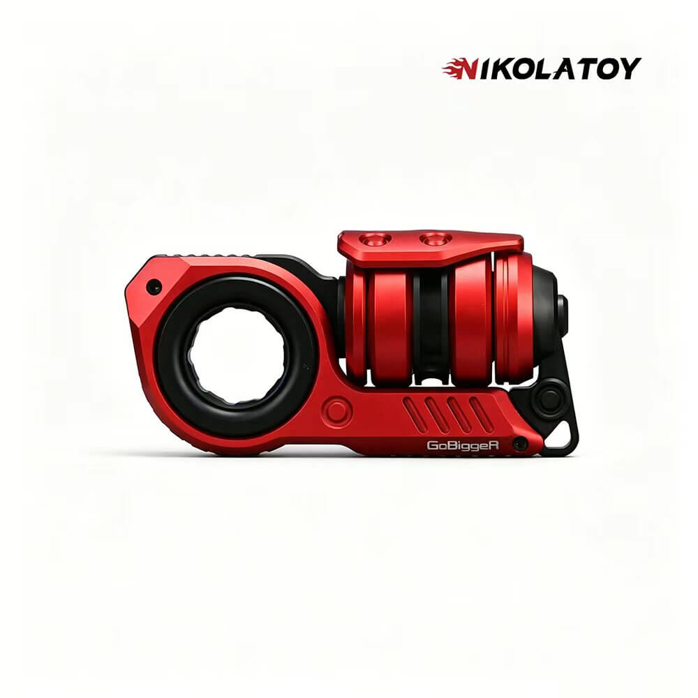 Red and black compact EDC keychain accessory with circular ring and carry loop