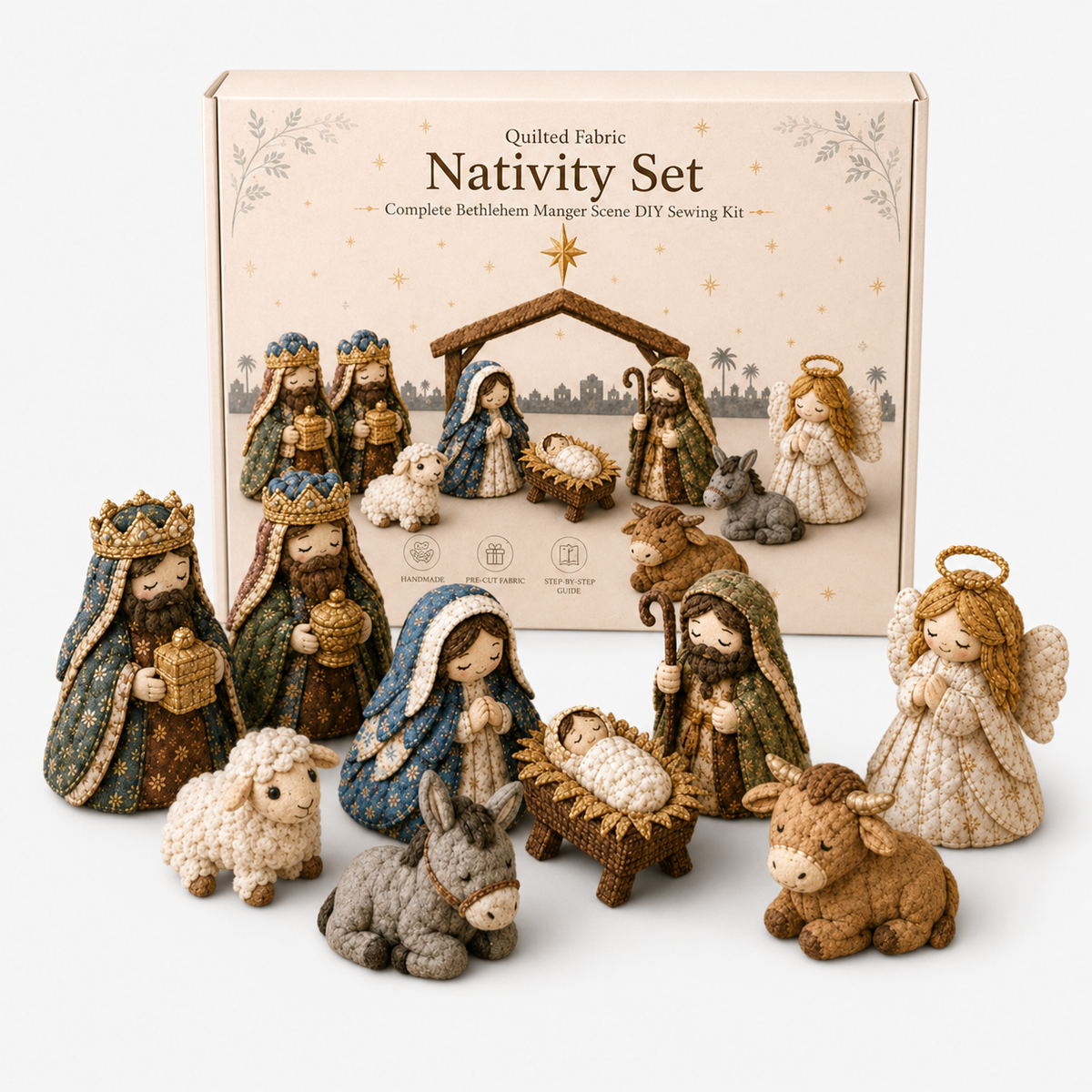 Patchwork fabric nativity sewing kit with Holy Family and Three Wise Men scenes