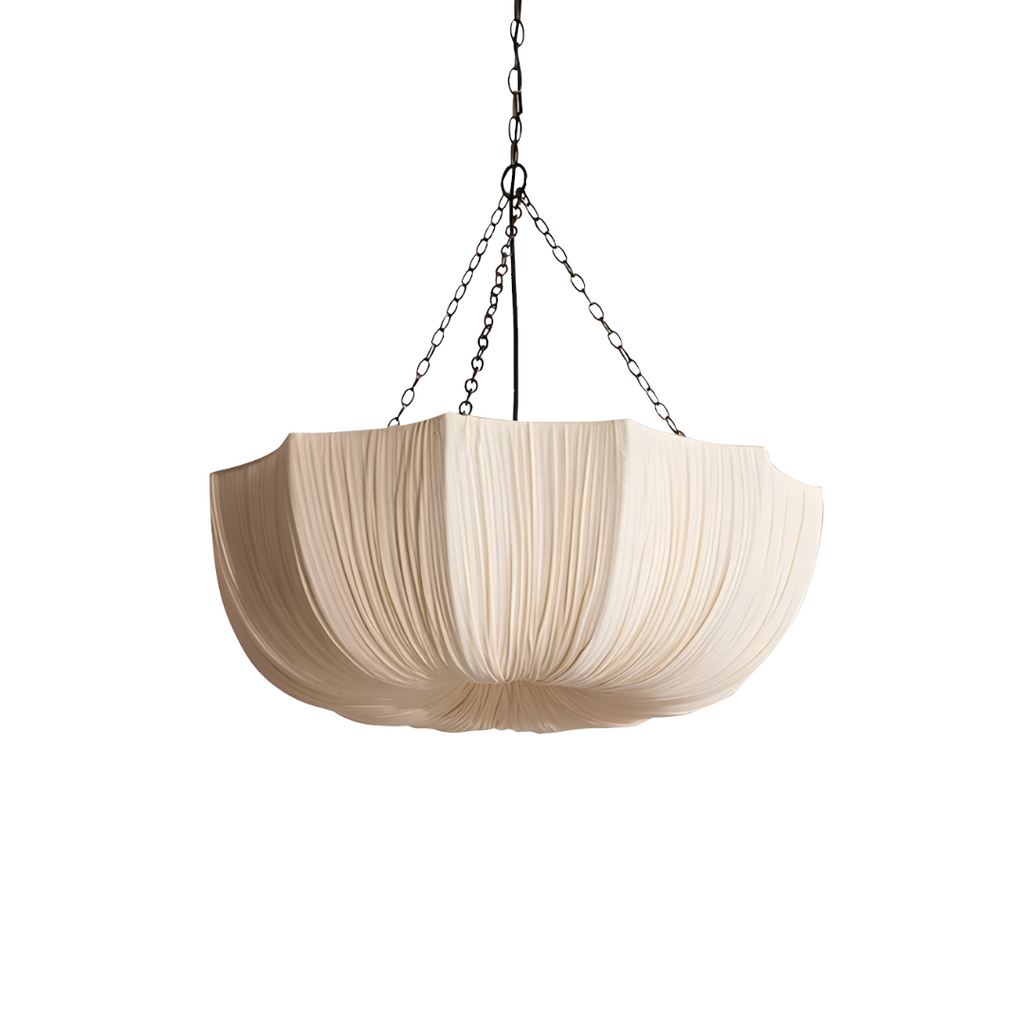 Cream pleated pendant light with dark chain suspension