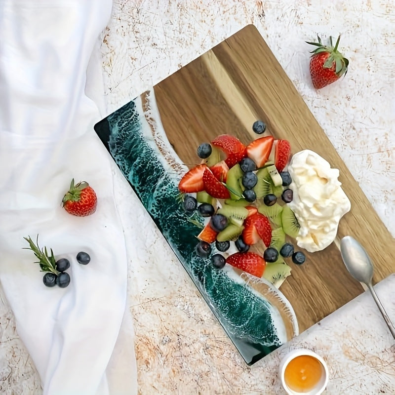 Rectangular wood-grain cutting board with an ocean-inspired resin wave edge