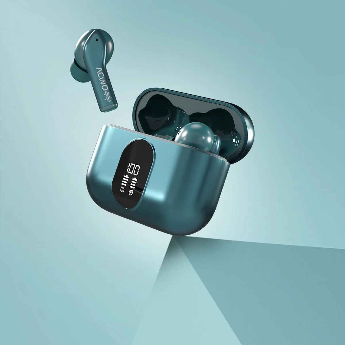 True wireless earbuds in a charging case with digital display