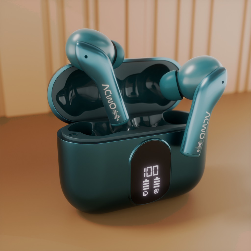 True wireless earbuds in a charging case with digital display