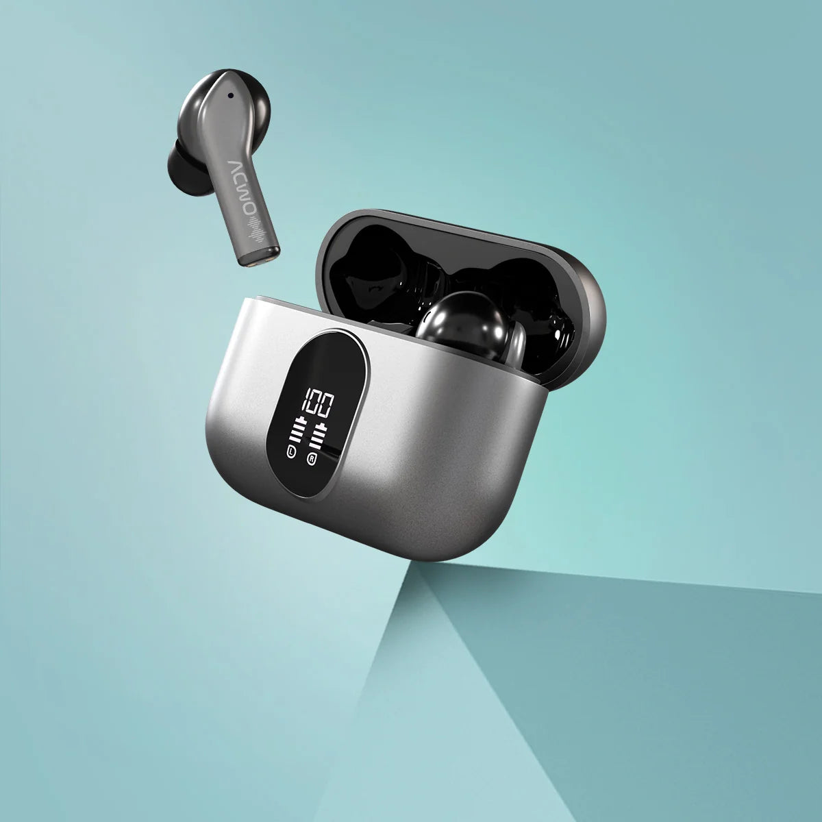 True wireless earbuds in a charging case with digital display