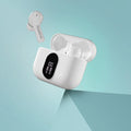 True wireless earbuds in a charging case with digital display