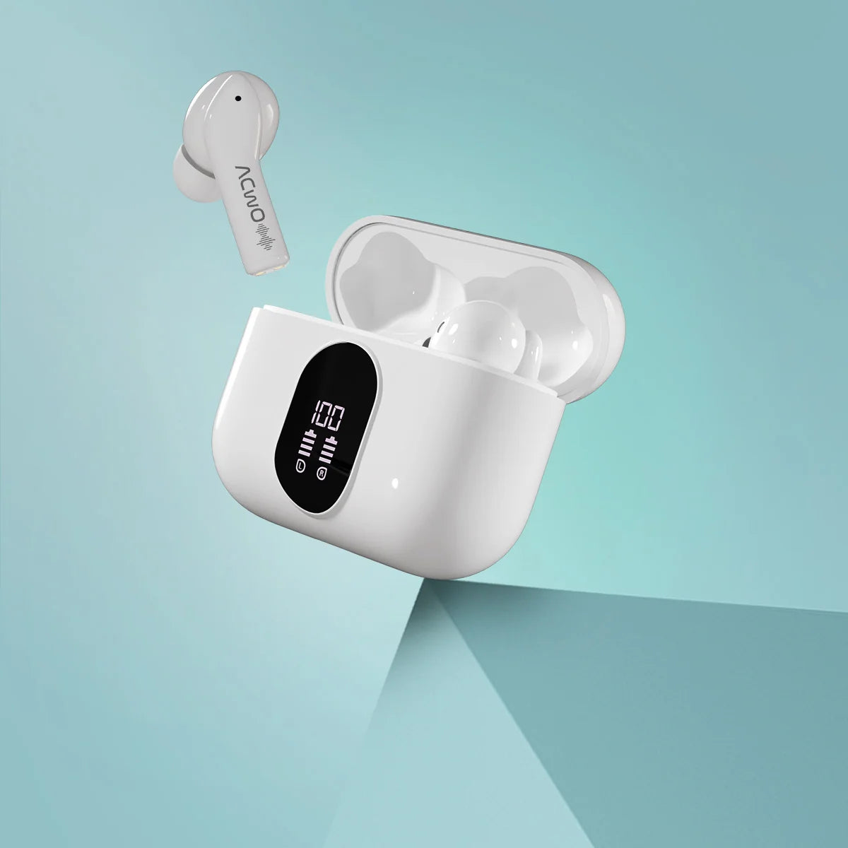 True wireless earbuds in a charging case with digital display