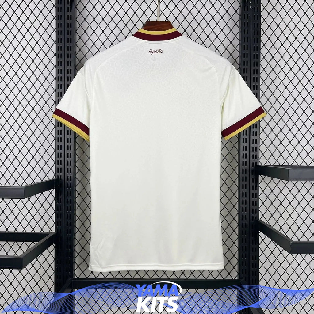White Spain away football shirt with burgundy and gold trim and two-star crest