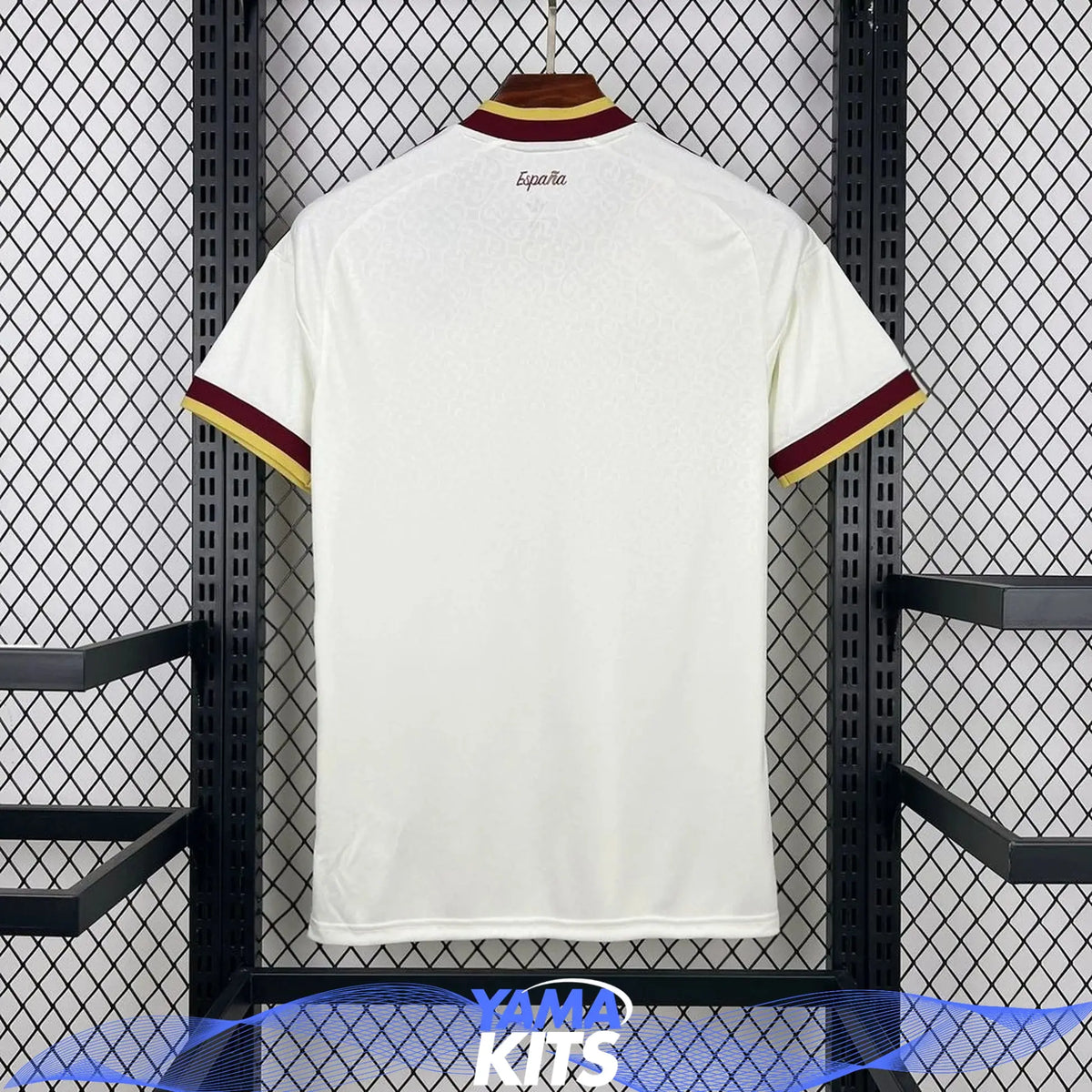 White Spain away football shirt with burgundy and gold trim and two-star crest