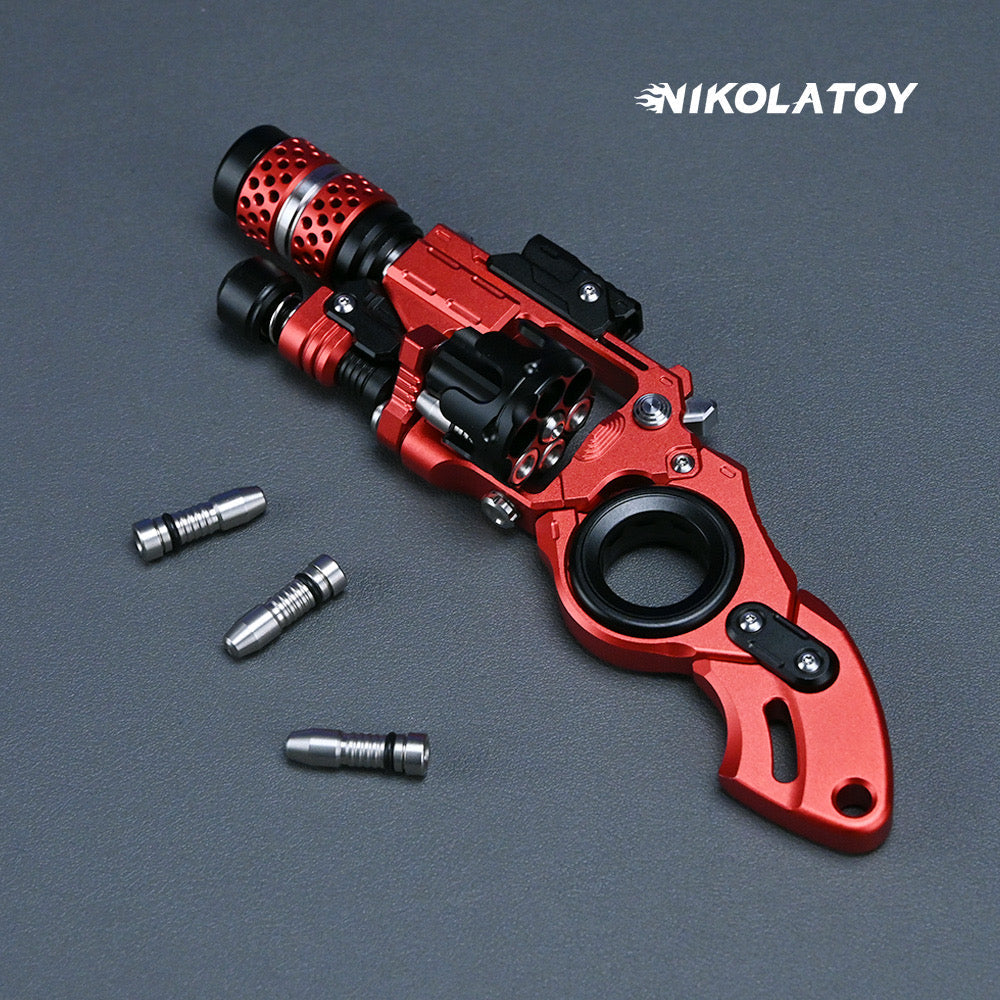 Red and black revolver-style fidget toy with silver pieces