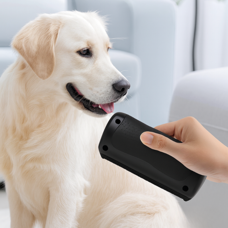 Black handheld dog grooming brush with fine comb edge