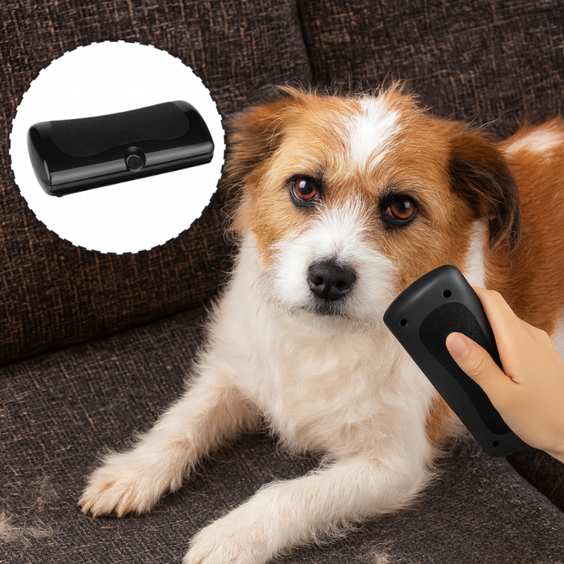 Black handheld dog grooming brush with fine comb edge