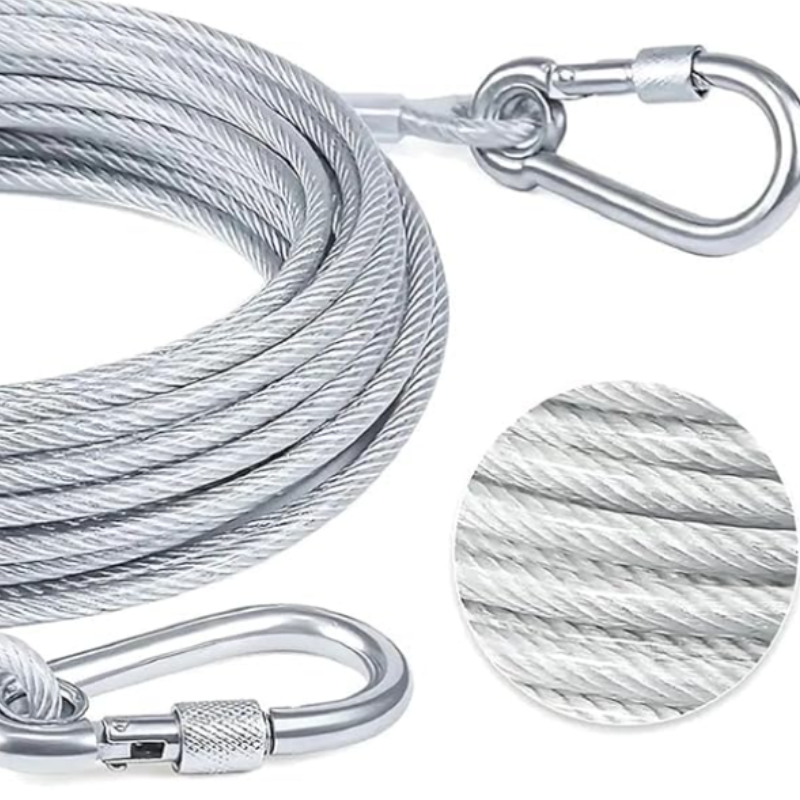 Coiled silver braided clothesline rope with safety hooks