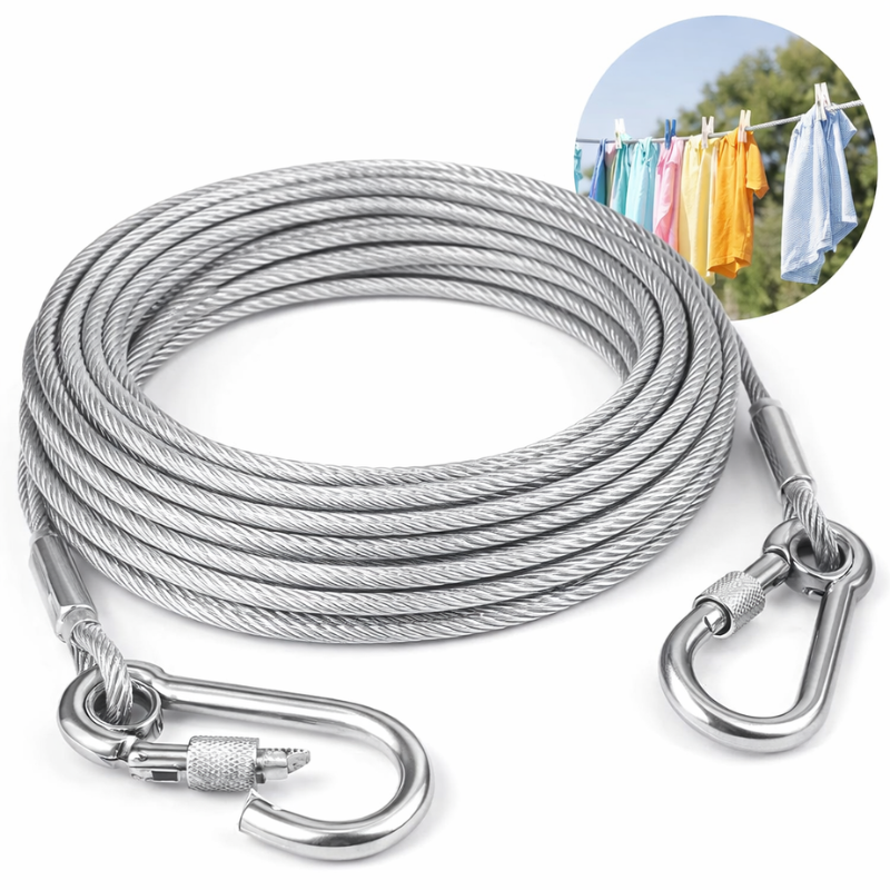 Coiled silver braided clothesline rope with safety hooks