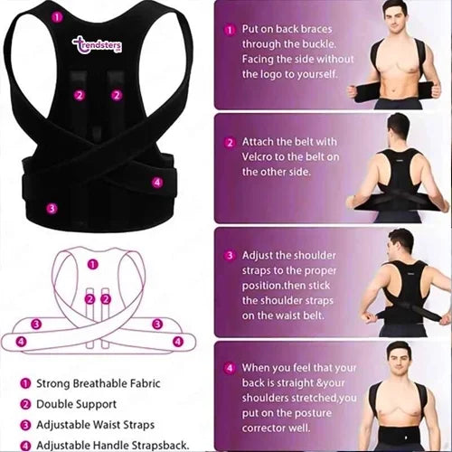 Black adjustable posture support belt with shoulder straps and mesh back panels