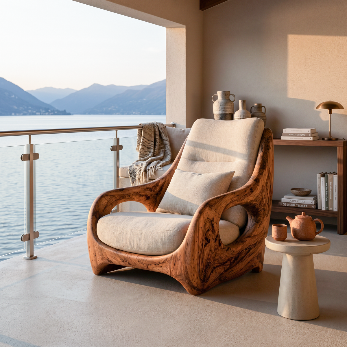 Organic curved armchair with sculpted frame and upholstered seat