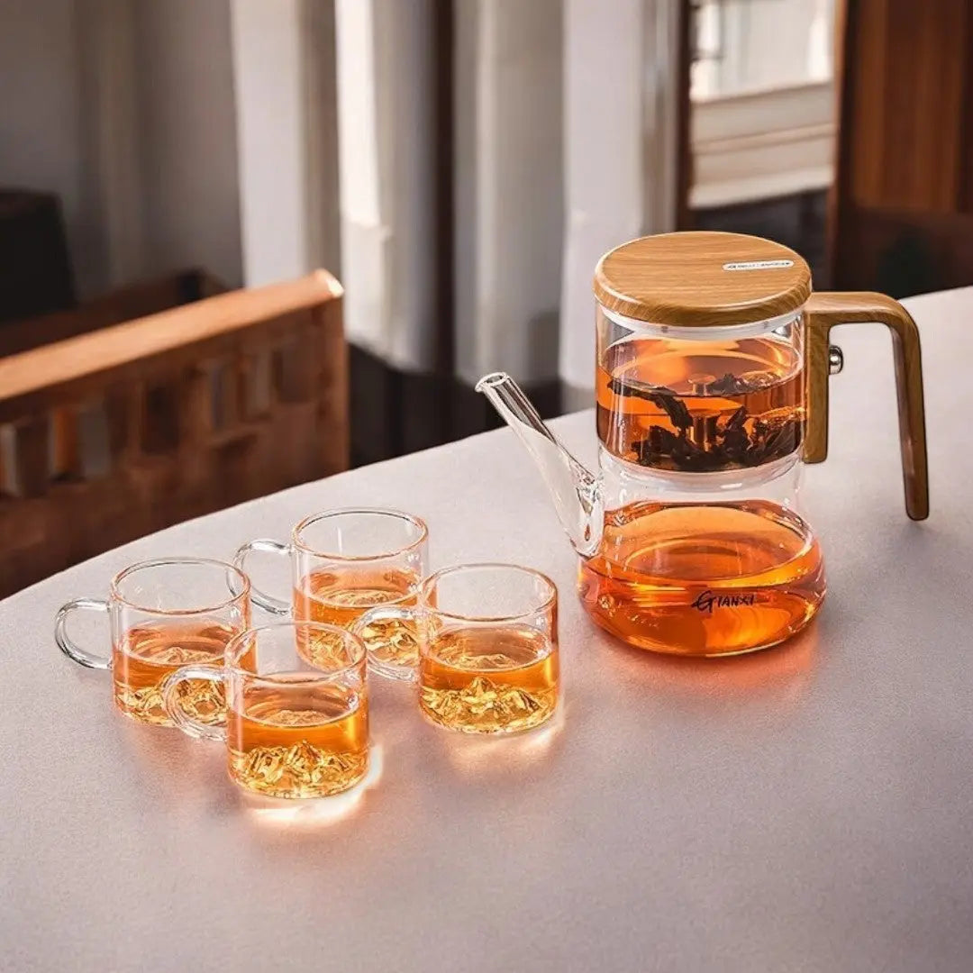 Clear glass teapot with magnetic tea chamber and wood-effect handle