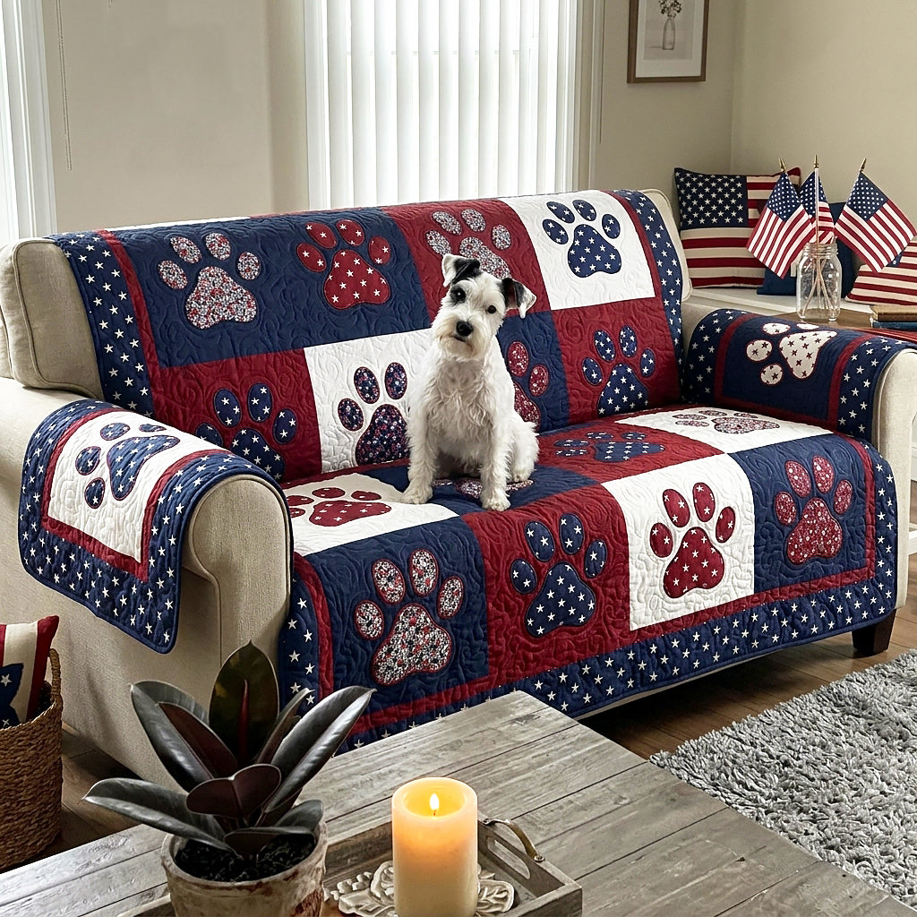 Blue red and white quilted sofa cover with paw prints and stars