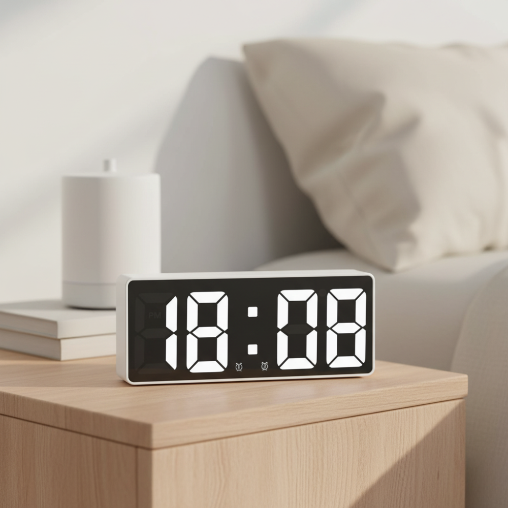 Digital alarm clock with LED time and temperature display on a bedside table