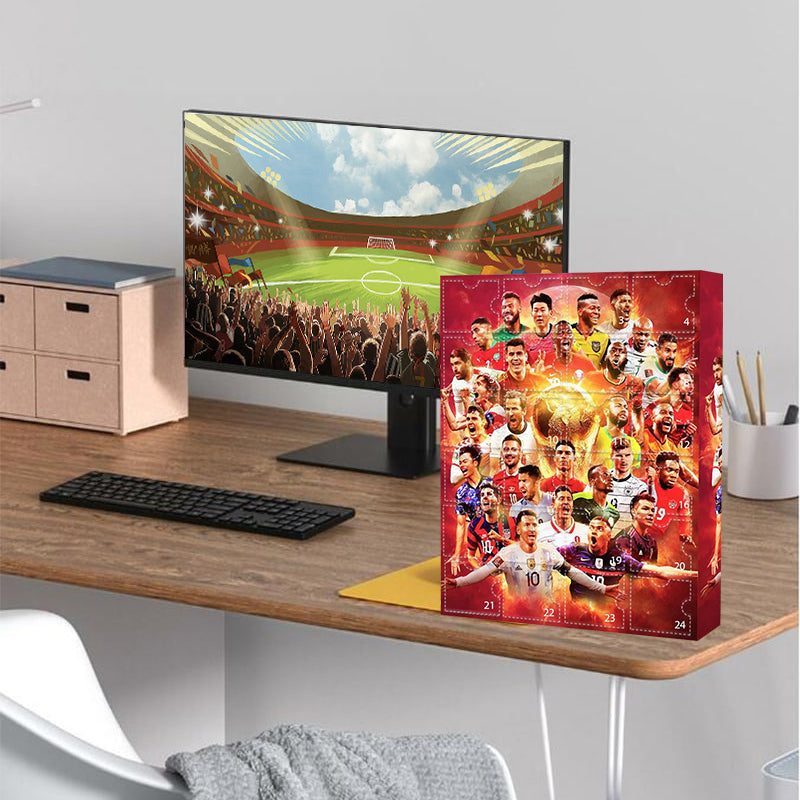 Red football advent calendar with 24 numbered doors and player graphics