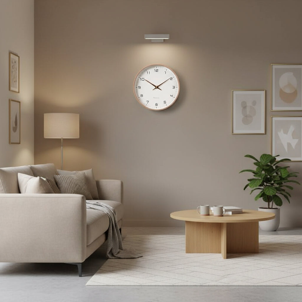 Round minimalist wall clock with large dark numerals and slim hands