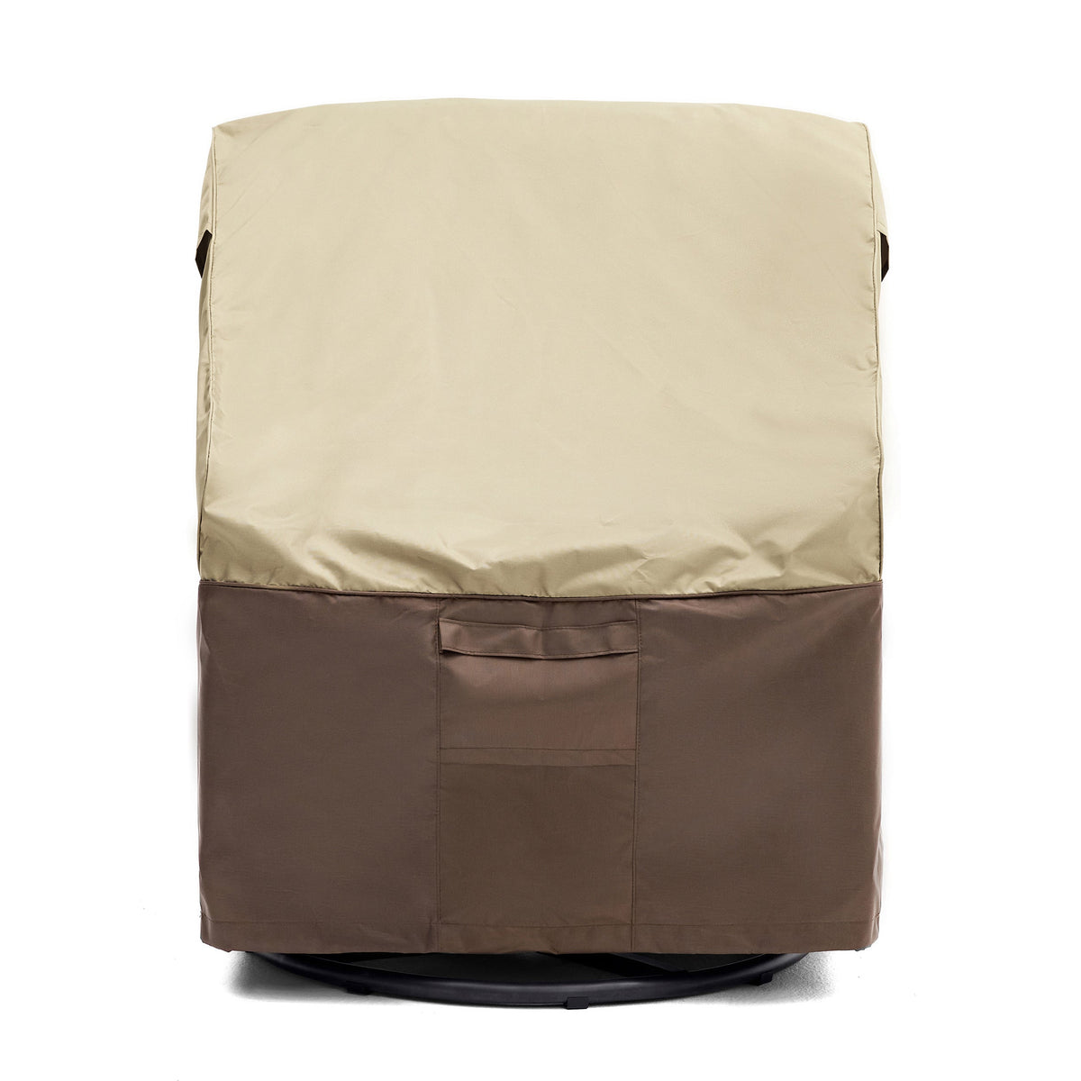 Outdoor patio chair cover with front pocket and side fastening tabs