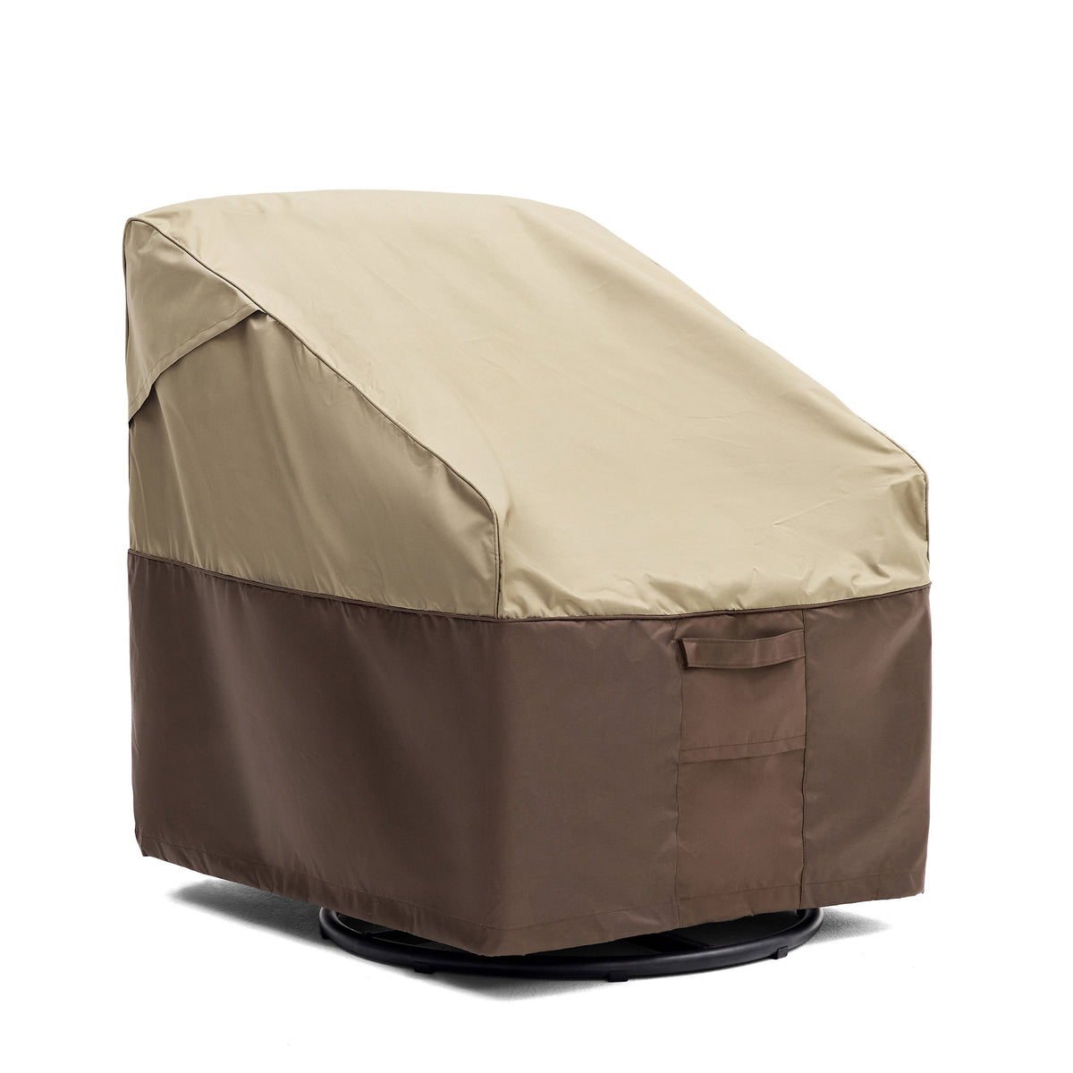 Outdoor patio chair cover with front pocket and side fastening tabs