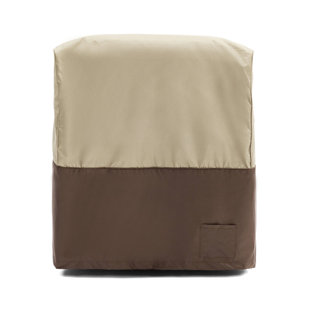 Outdoor patio chair cover with front pocket and side fastening tabs