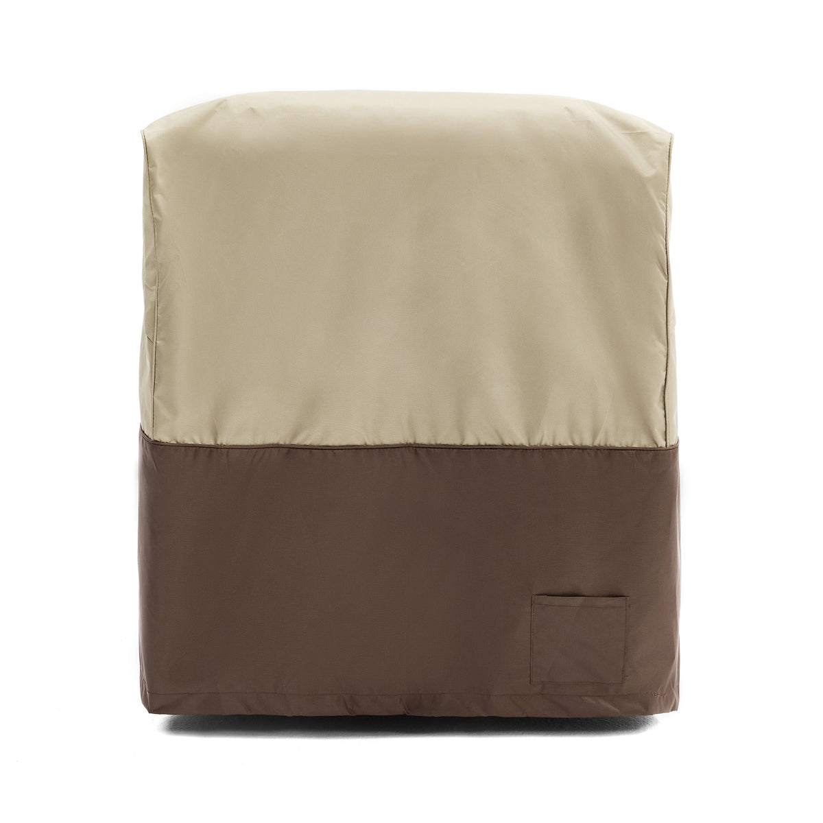 Outdoor patio chair cover with front pocket and side fastening tabs