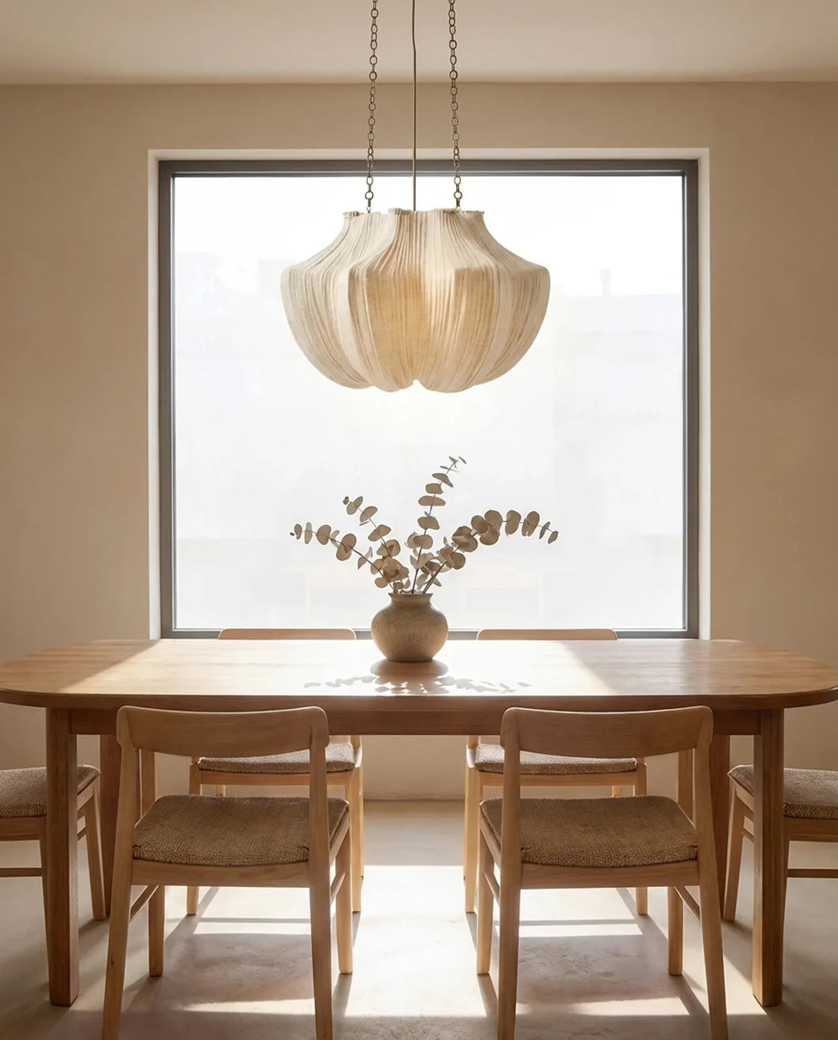 Beige pleated pendant ceiling light with chain suspension