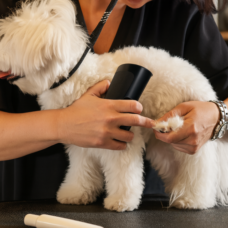Black handheld dog grooming brush with fine comb edge