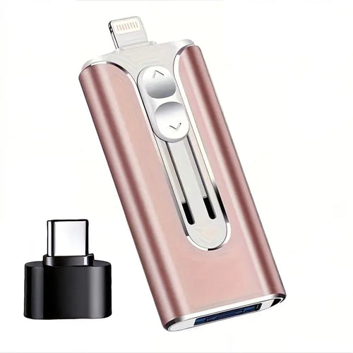 Compact 4-in-1 USB flash drive with sliding multi-connector design and separate adapter
