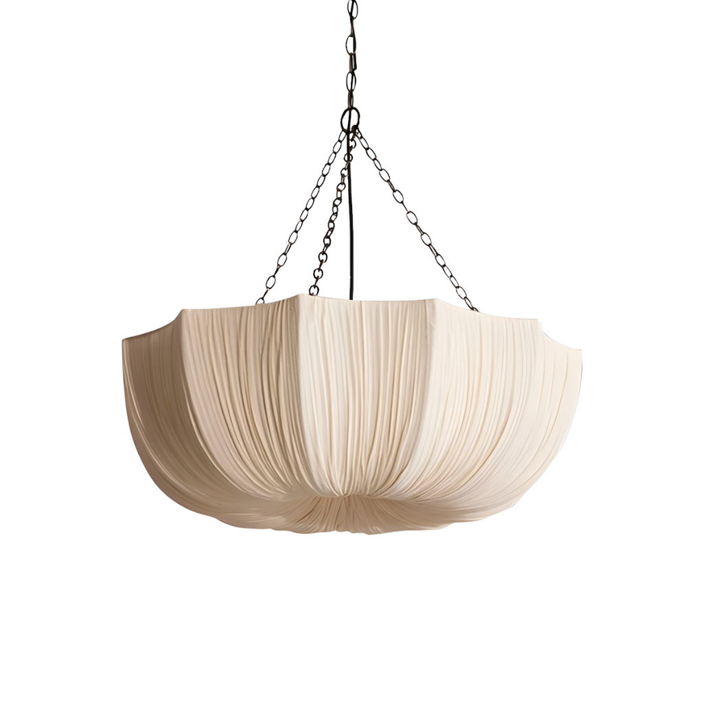 Cream pleated pendant light with dark chain suspension