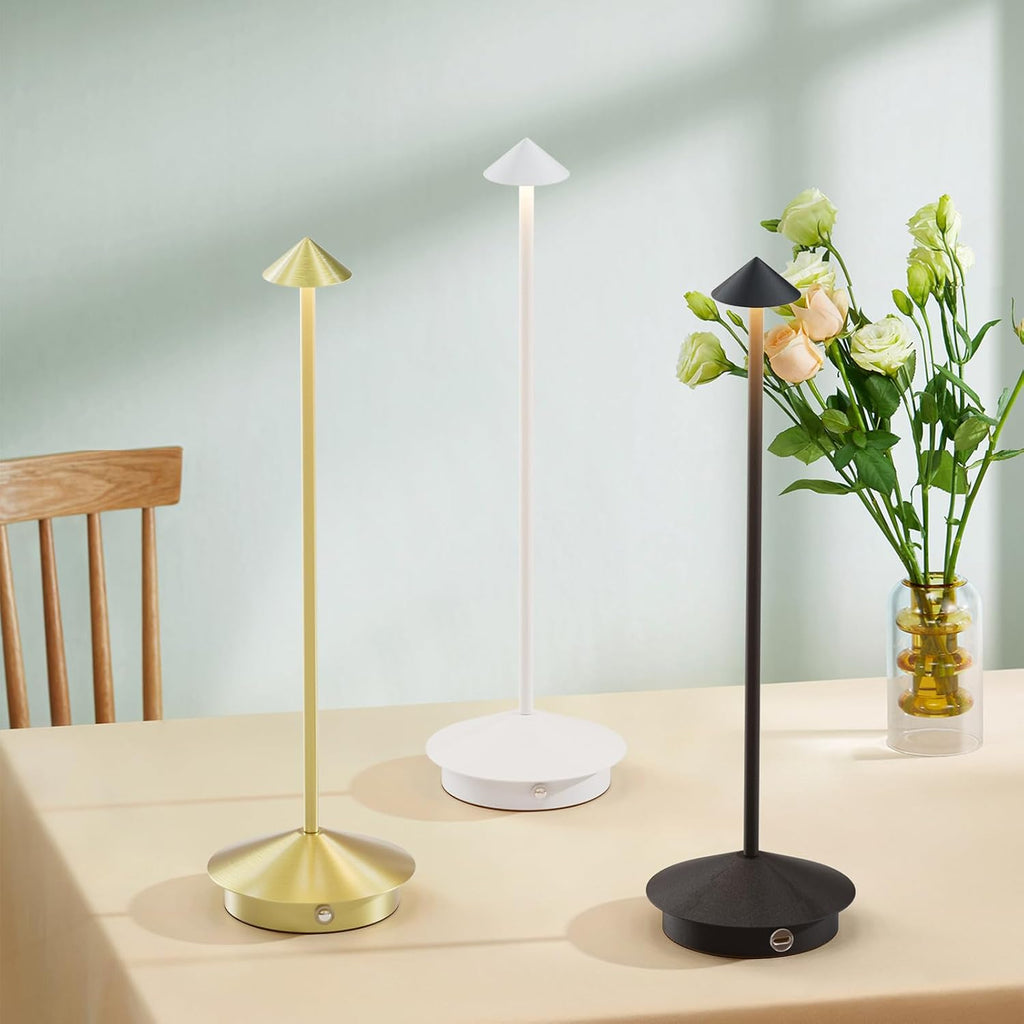 Minimal table lamp with slim stem, conical shade and round base