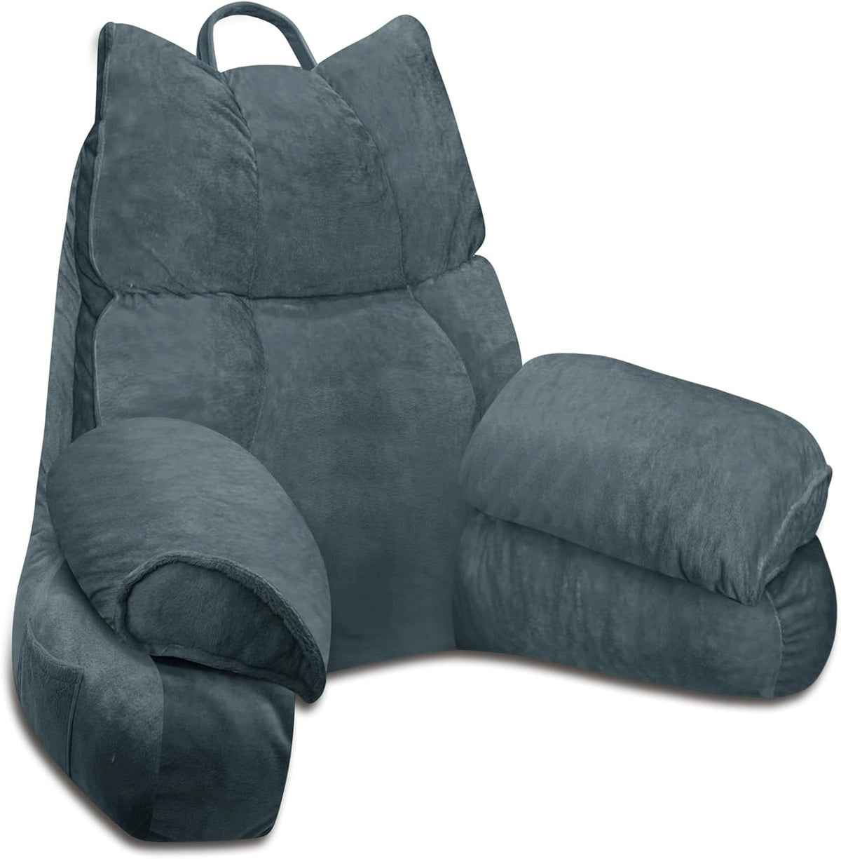 Cushioned bed reading pillow with raised arm supports and ribbed cover