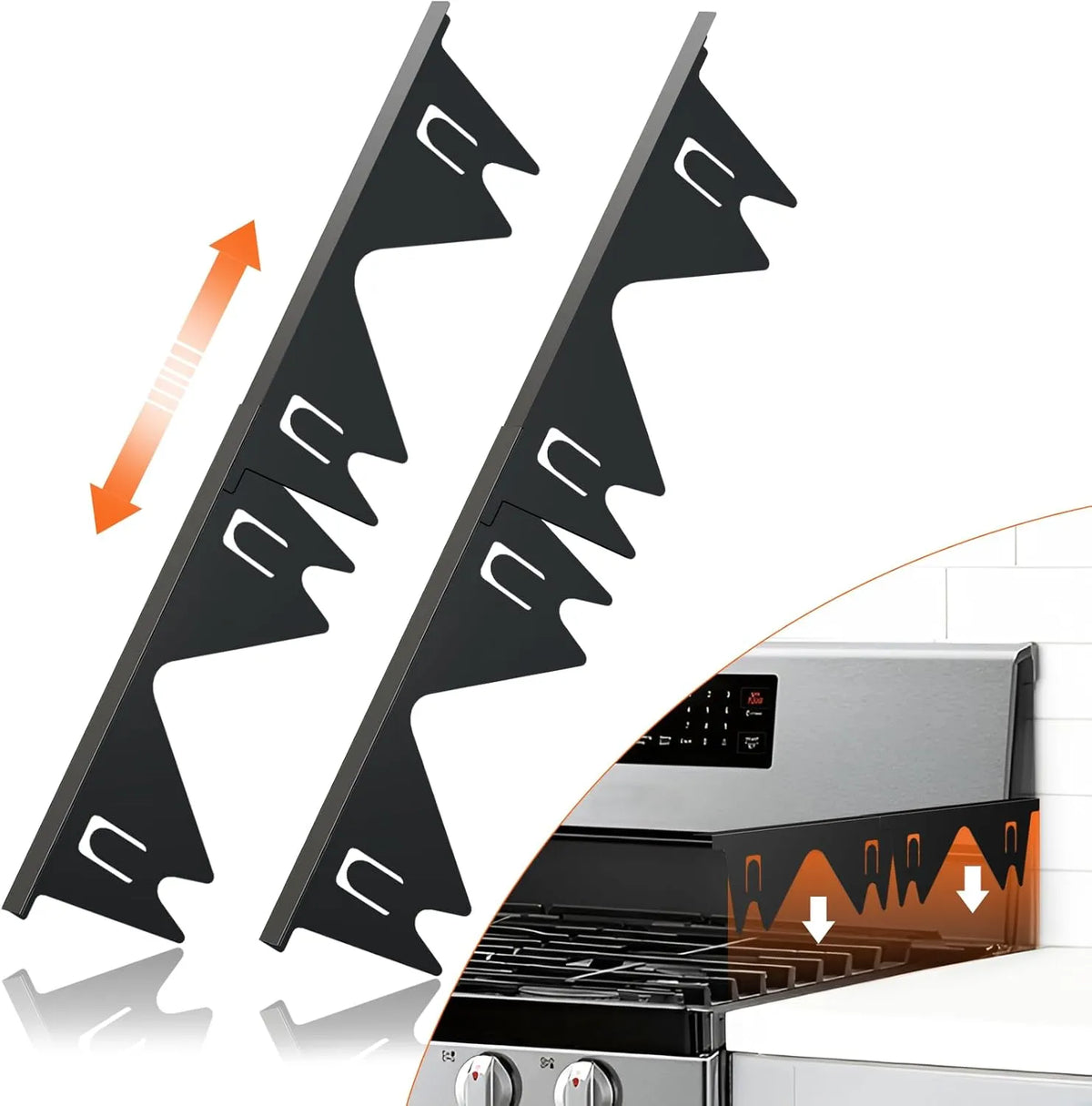 Stainless steel stove gap covers beside a cooker and kitchen worktop