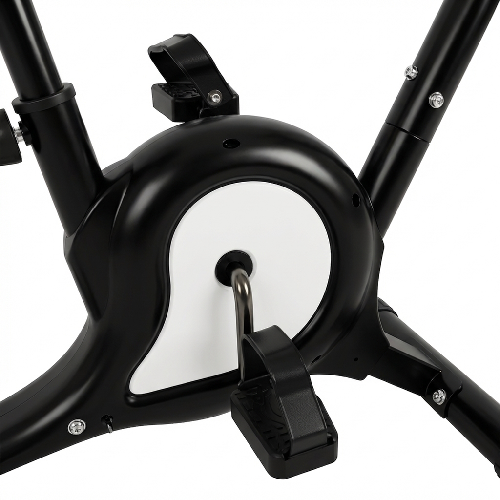 Black stationary exercise bike with adjustable seat, handlebars and pedal straps