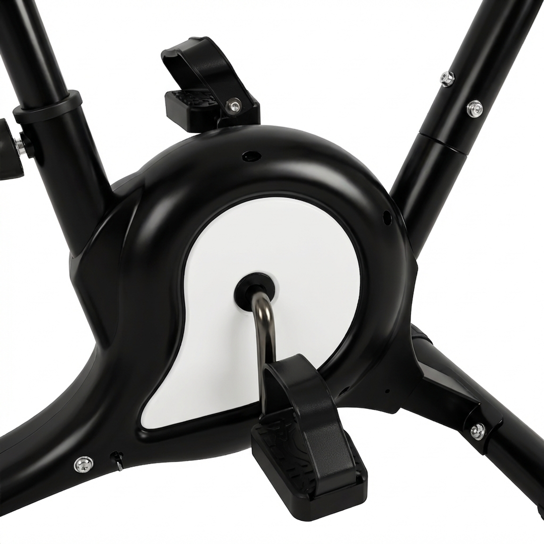 Black stationary exercise bike with adjustable seat, handlebars and pedal straps