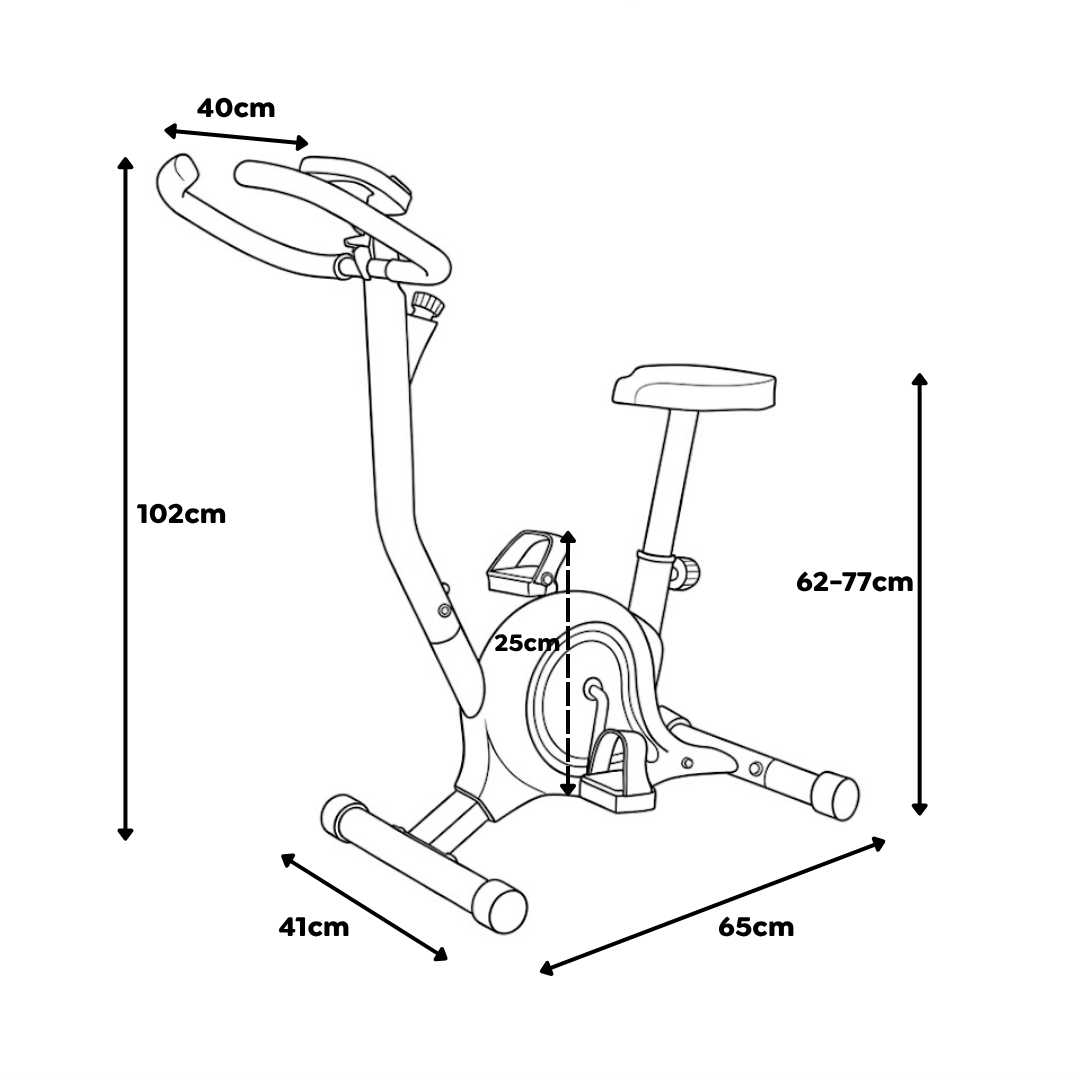 Black stationary exercise bike with adjustable seat, handlebars and pedal straps