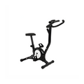 Black stationary exercise bike with adjustable seat, handlebars and pedal straps