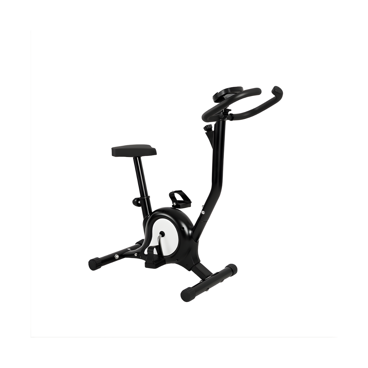 Black stationary exercise bike with adjustable seat, handlebars and pedal straps