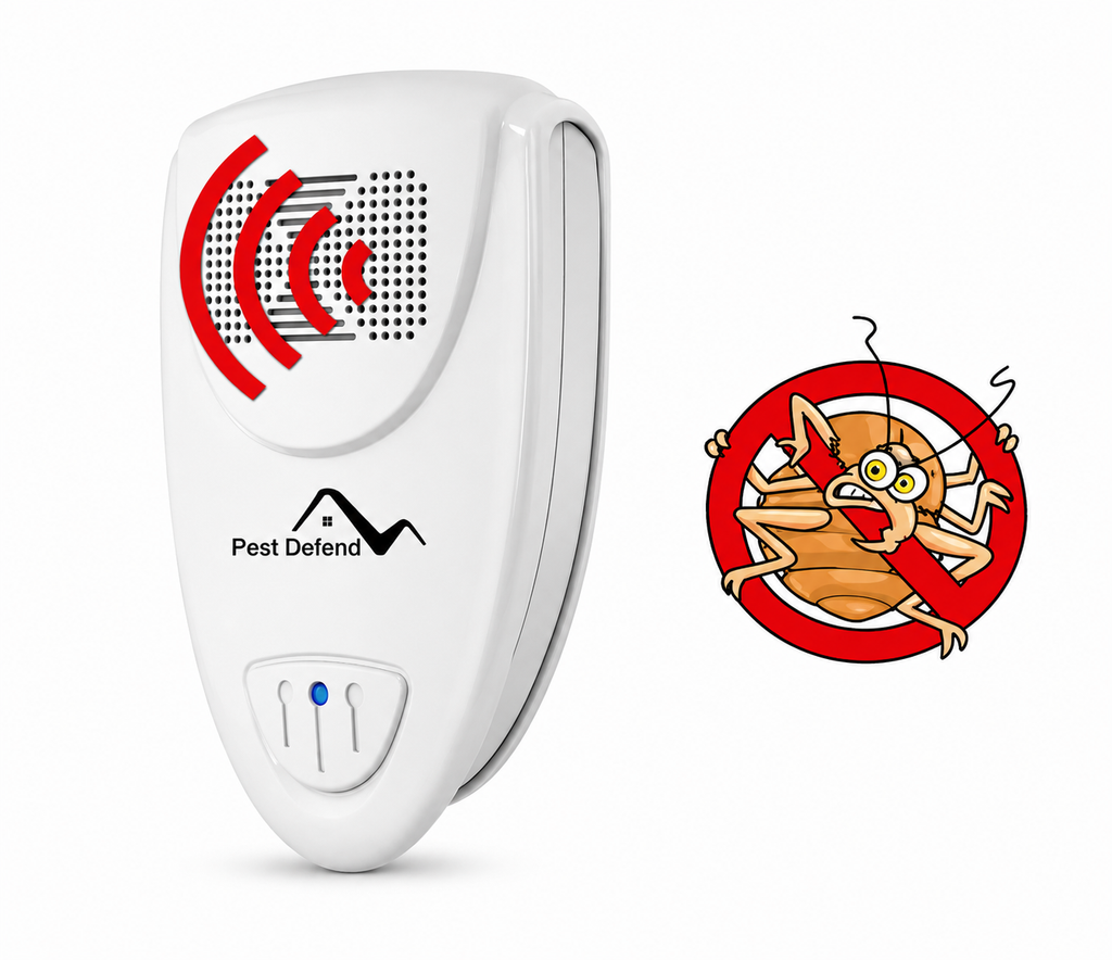 White plug-in ultrasonic bed bug repeller with speaker grille and blue indicator light
