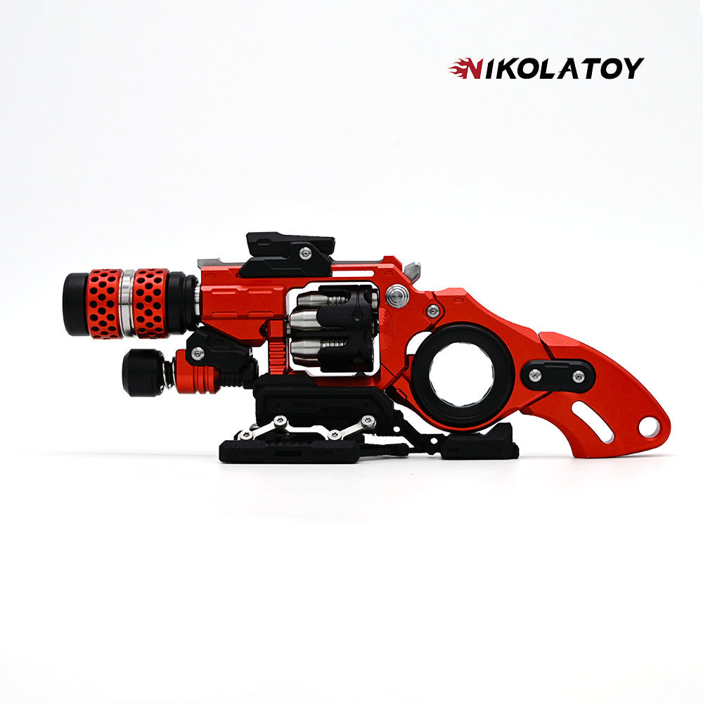 Red and black revolver-style fidget toy with silver pieces