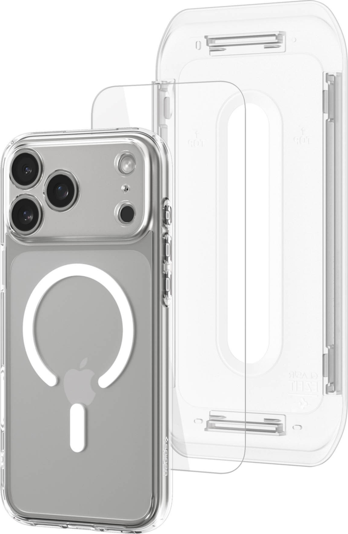 Clear iPhone Pro Max phone case and screen protector pack with white edging