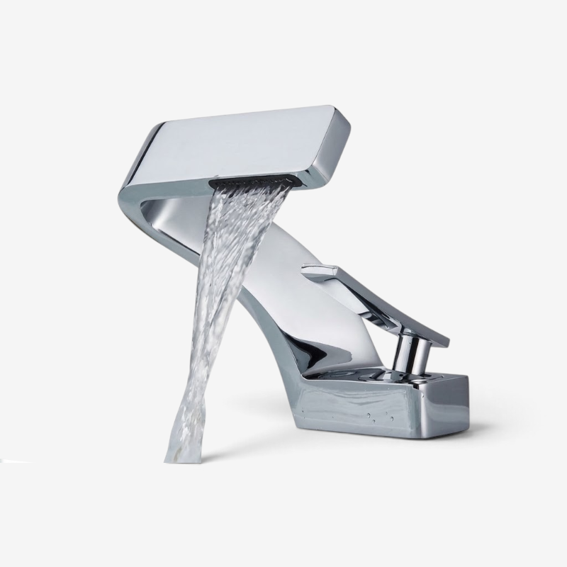 Curved basin mixer tap with rectangular waterfall spout and single lever