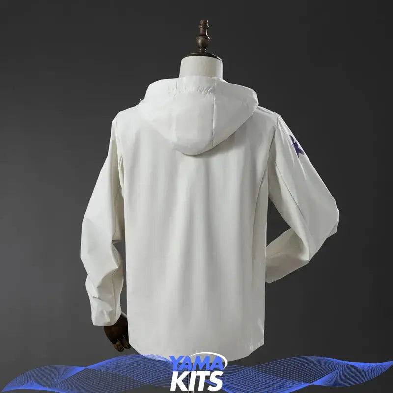 White Brazil football jacket with hood, front zip and printed team graphics