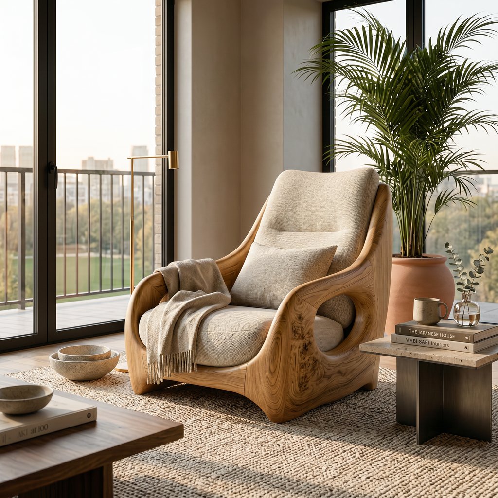 Organic curved armchair with sculpted frame and upholstered seat