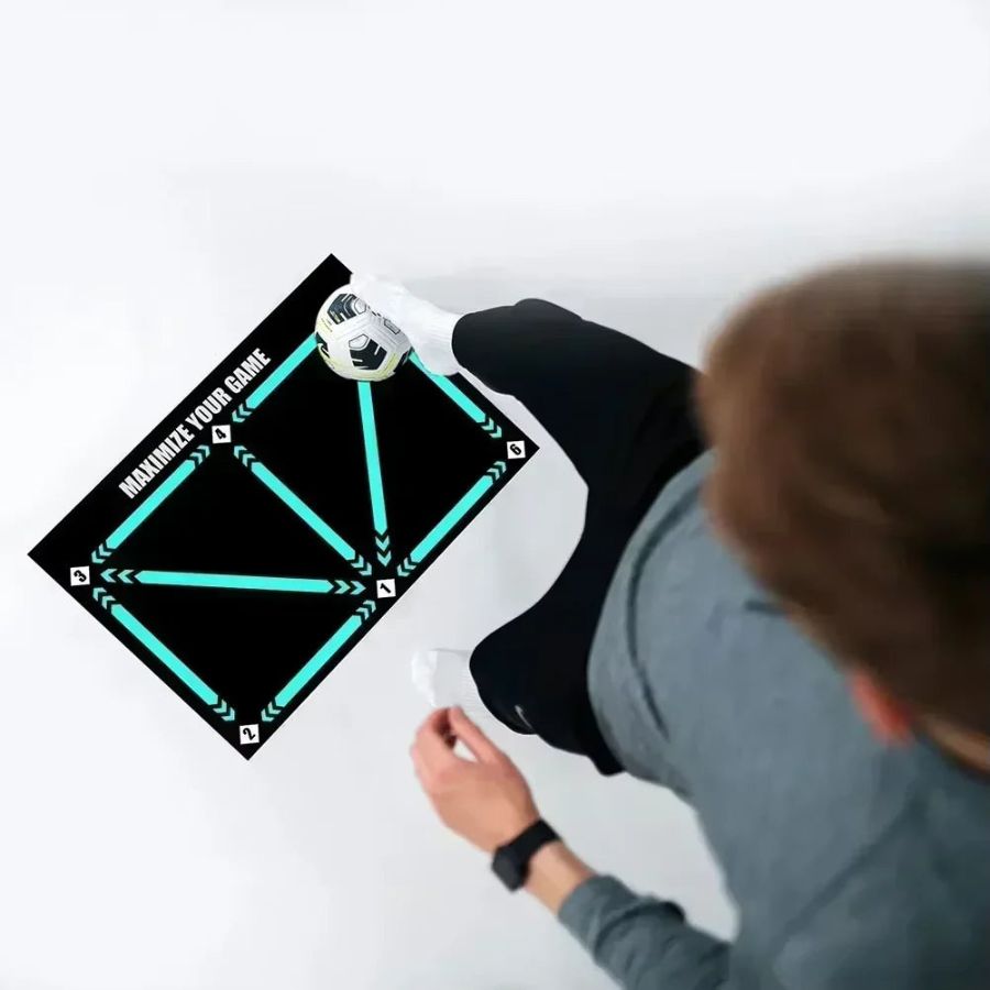 Black football training mat with turquoise arrows and numbered footwork positions